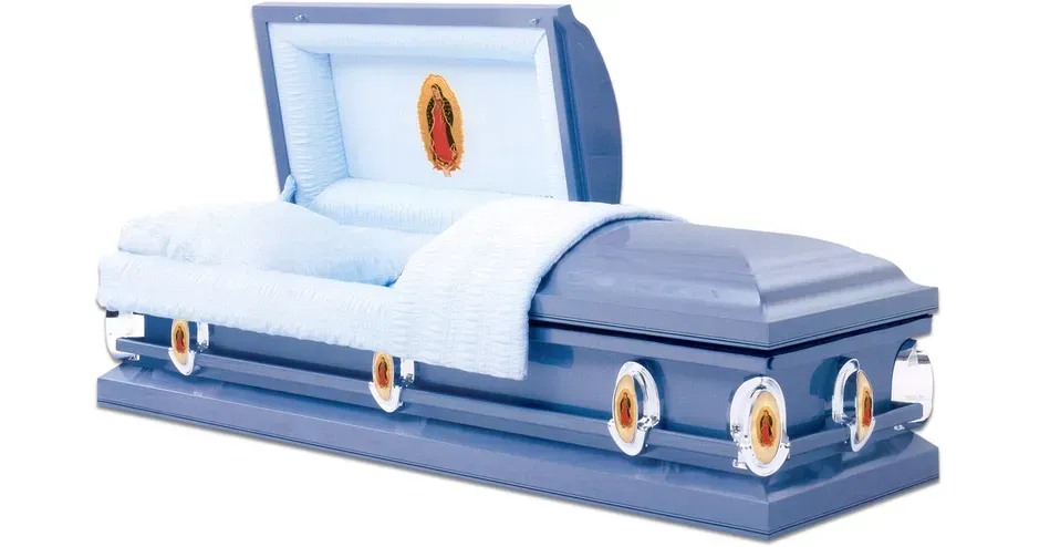 Blue casket with open lid and silver trim, shown on a white background
