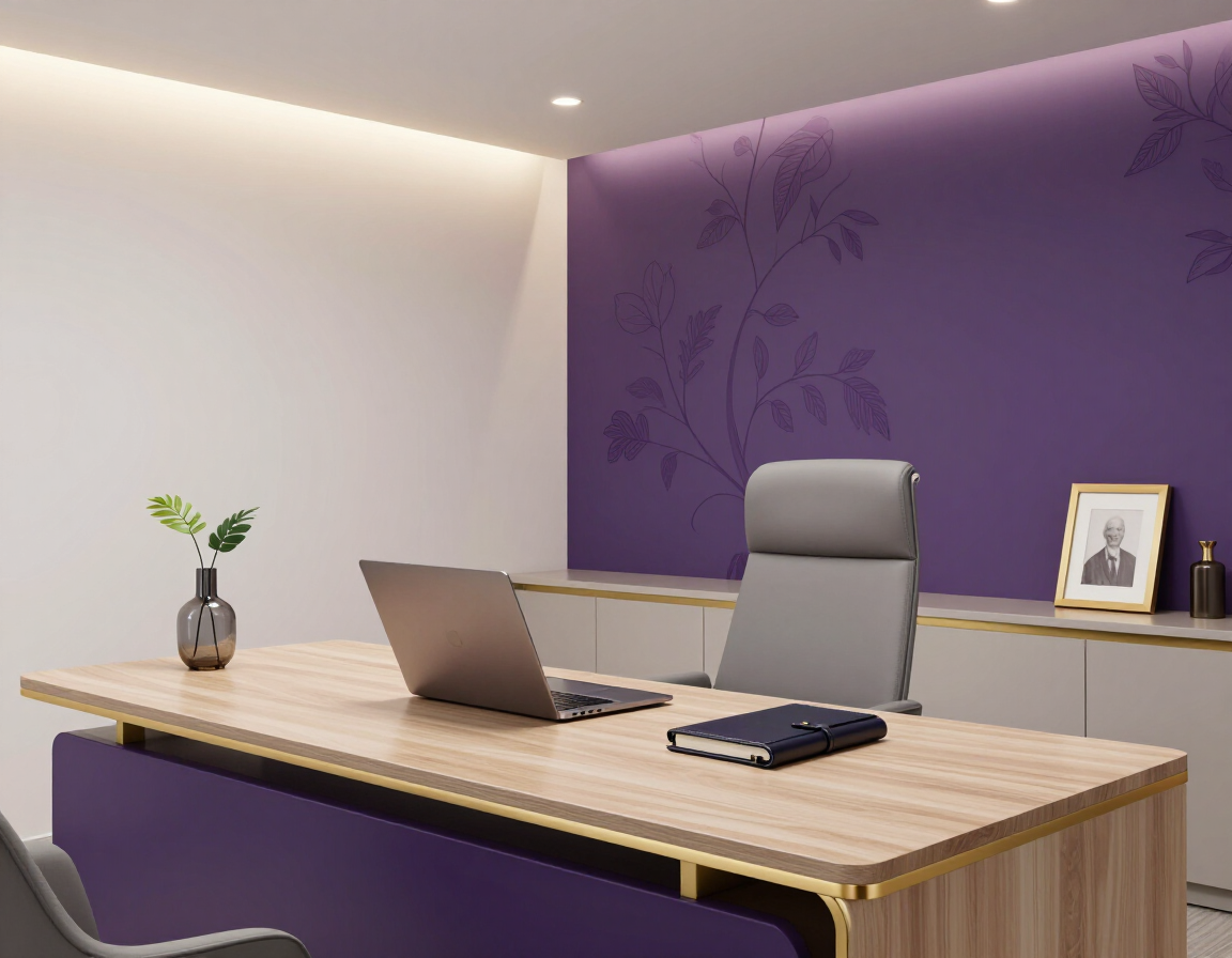 Escritorio de oficina moderno con computadora portátil, silla, decoración y pared decorativa de color púrpura.