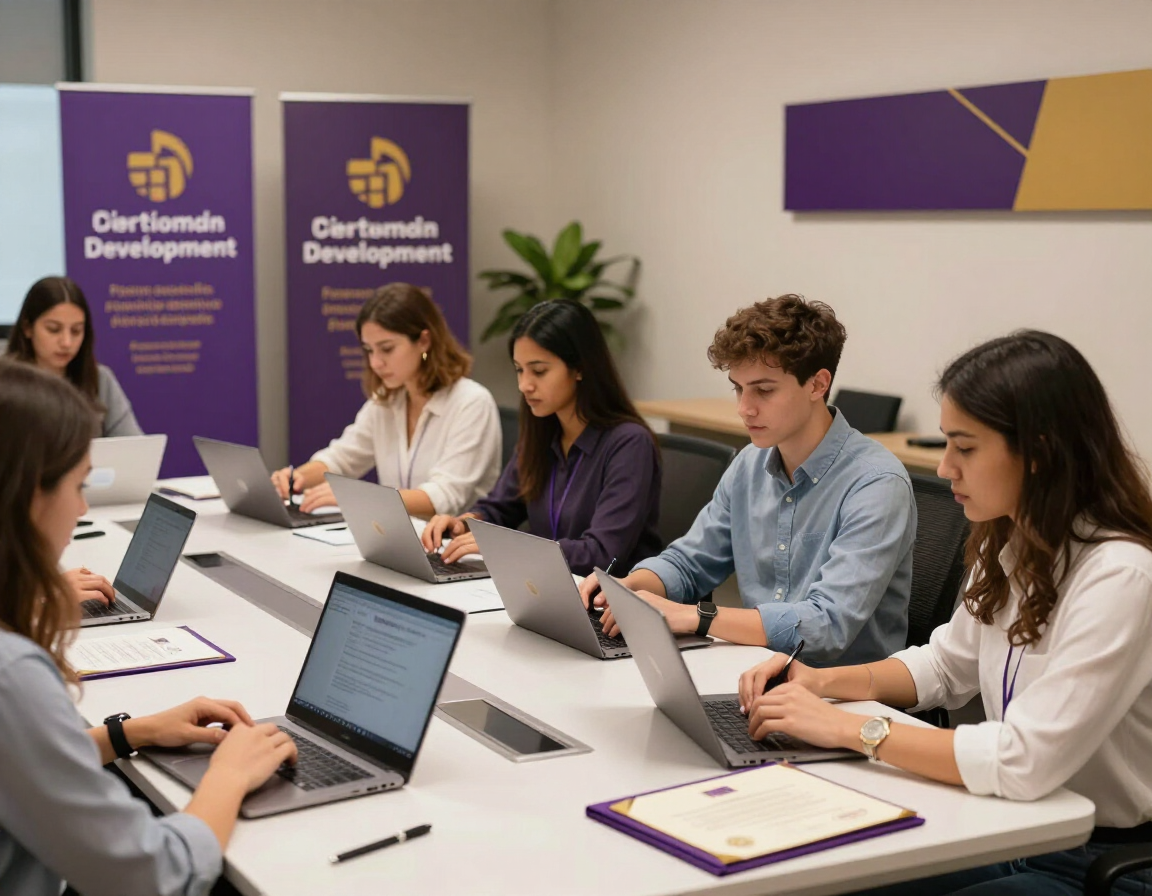 Personas colaborando en una mesa de conferencias con computadoras portátiles en una sala de reuniones con Gifford morado...