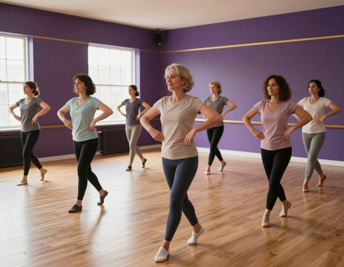 Clase de baile en grupo en un estudio de color morado, con seis personas practicando en formación sobre un suelo de madera.
