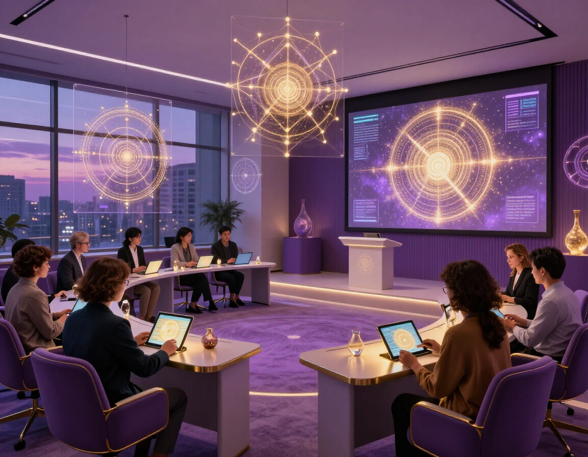 Sala de conferencias con personas sentadas alrededor de mesas, donde se proyecta una pantalla digital