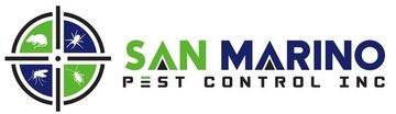 San Marino Pest Control Inc. logo with green and black text and a circular crosshair-style emblem