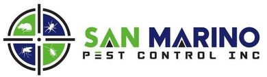 San Marino Pest Control Inc. logo with green and black text and a circular crosshair-style emblem