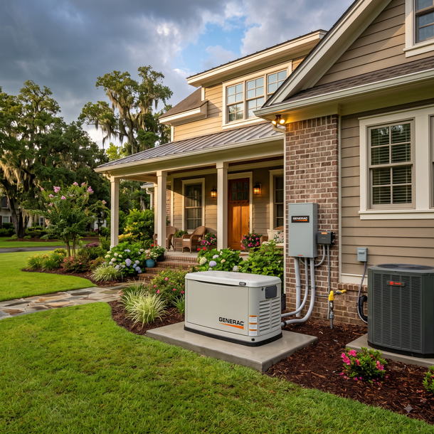 Brick house exterior with a front porch, lawn, and two outdoor HVAC units beside the wall