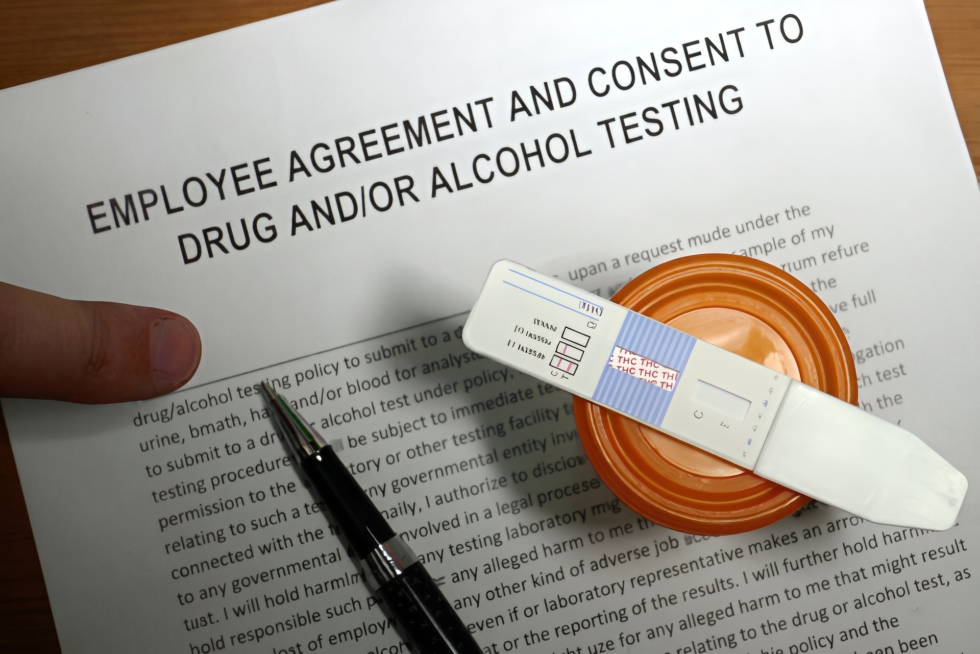 Drug and alcohol test consent form with test strips, orange tape, and a pen on a desk
