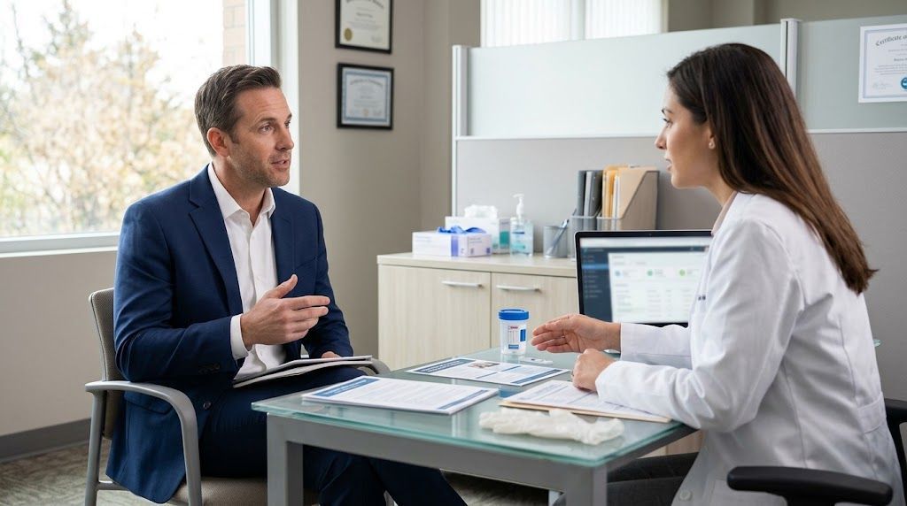 Business professional consulting with drug testing provider