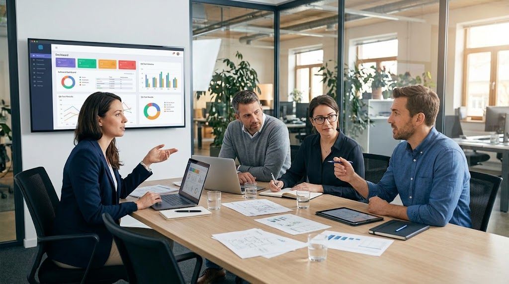 Professionals discussing testing services