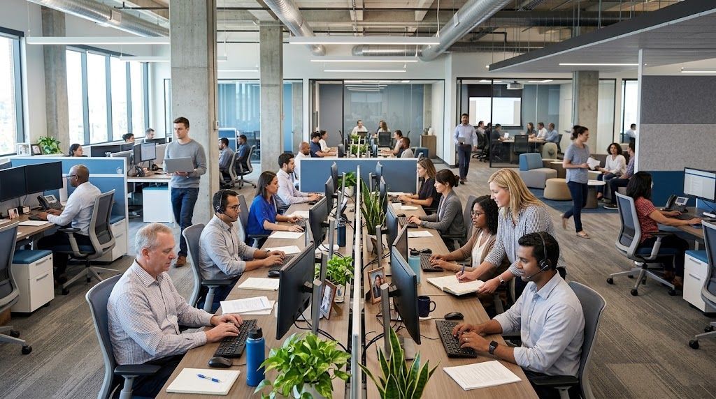 Corporate office environment with employees