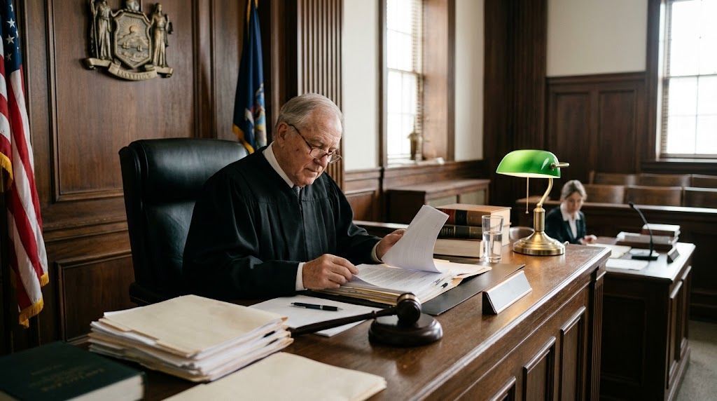 Judge reviewing documents in courtroom