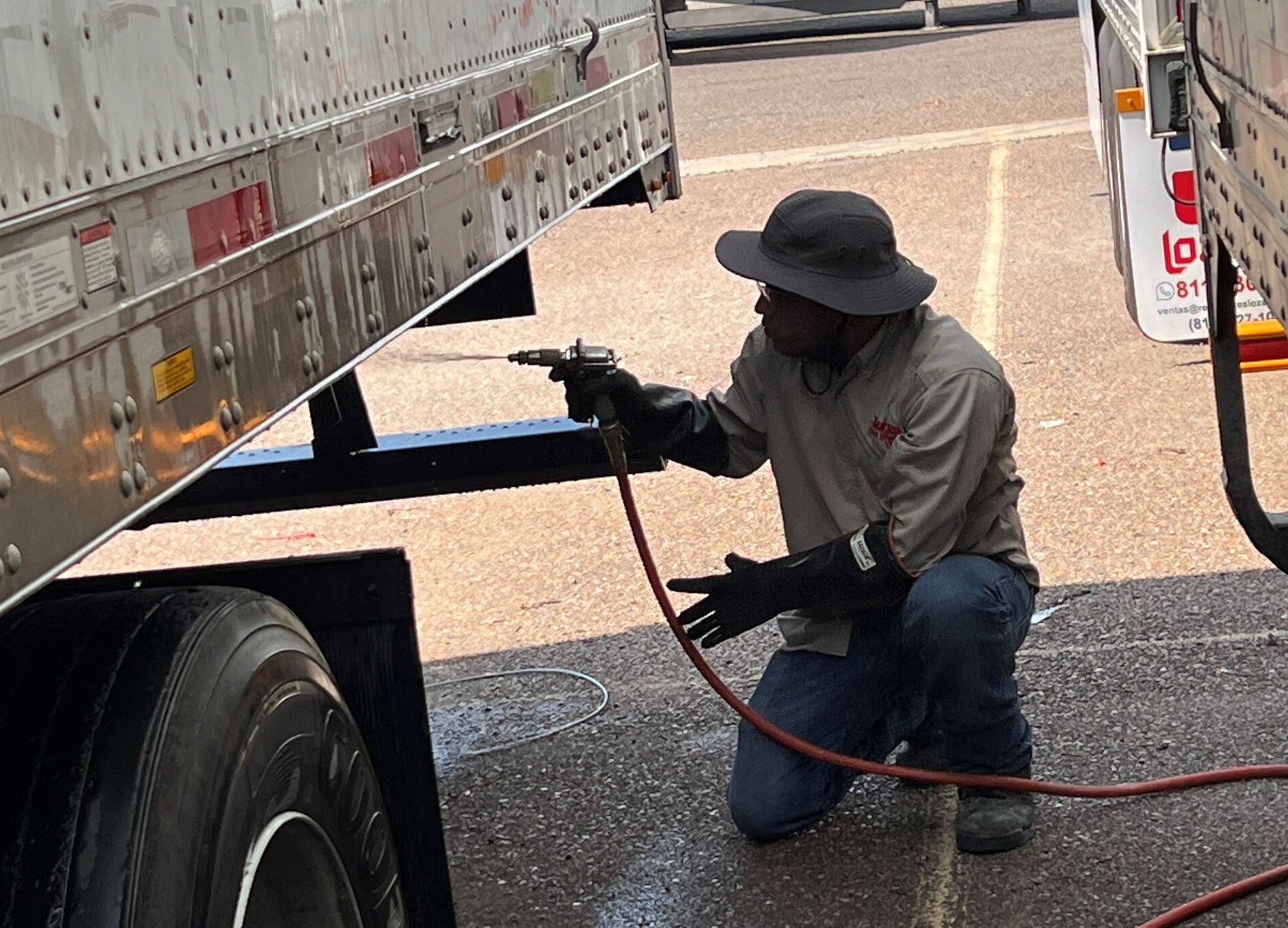 Gardener applying an insecticide fertilizer to his fruit shrubs, using a sprayer
