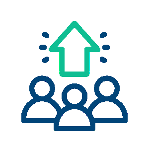 Three people with an upward green arrow above, symbolizing growth.