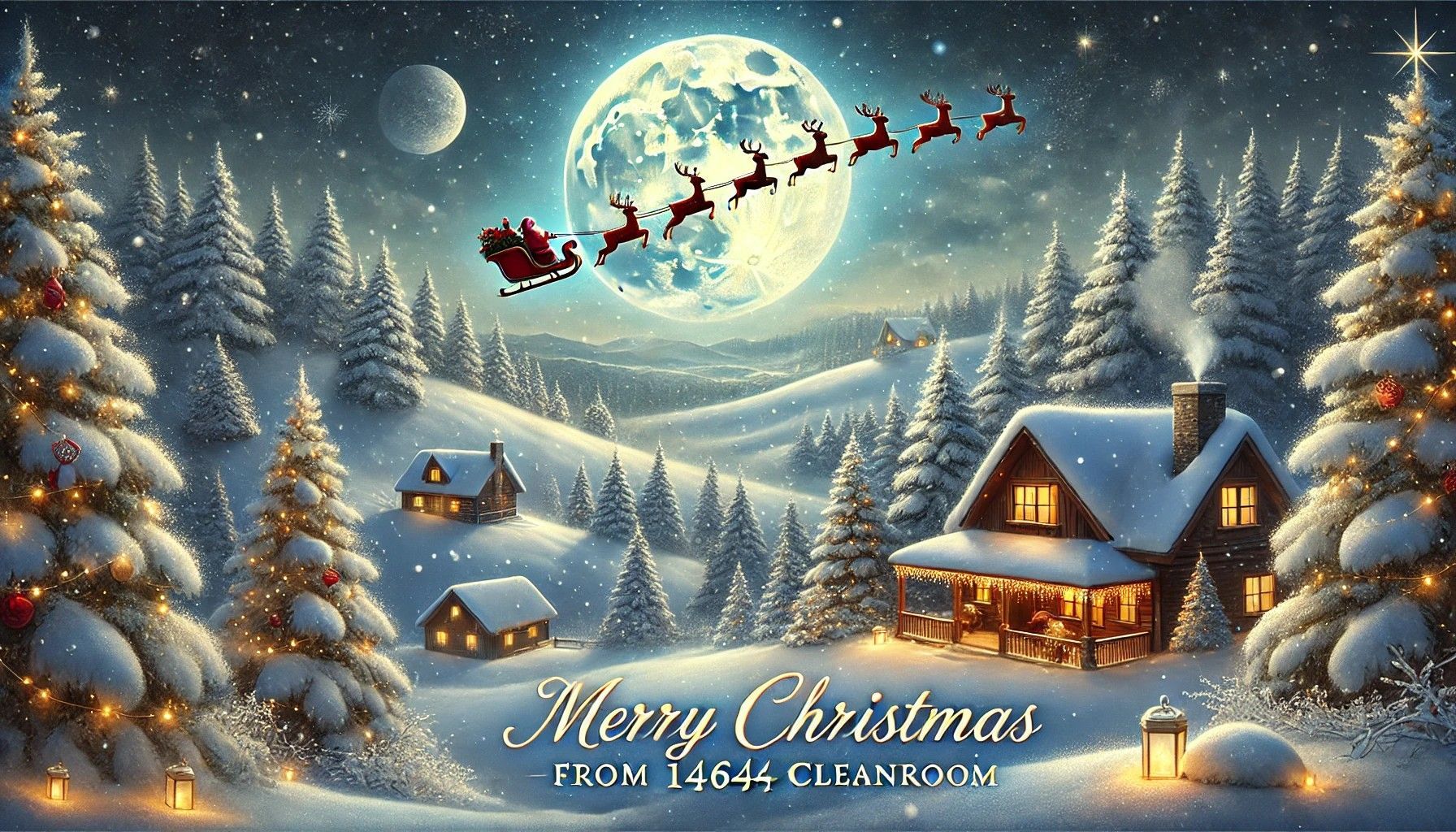 Christmas scene: Santa and reindeer fly over snow-covered cabins in a forest, under a bright moon.