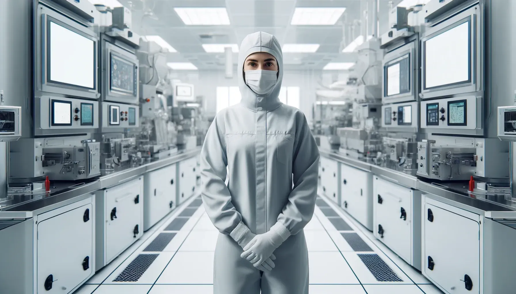 Person in protective suit stands in a sterile, industrial cleanroom with machinery and displays.