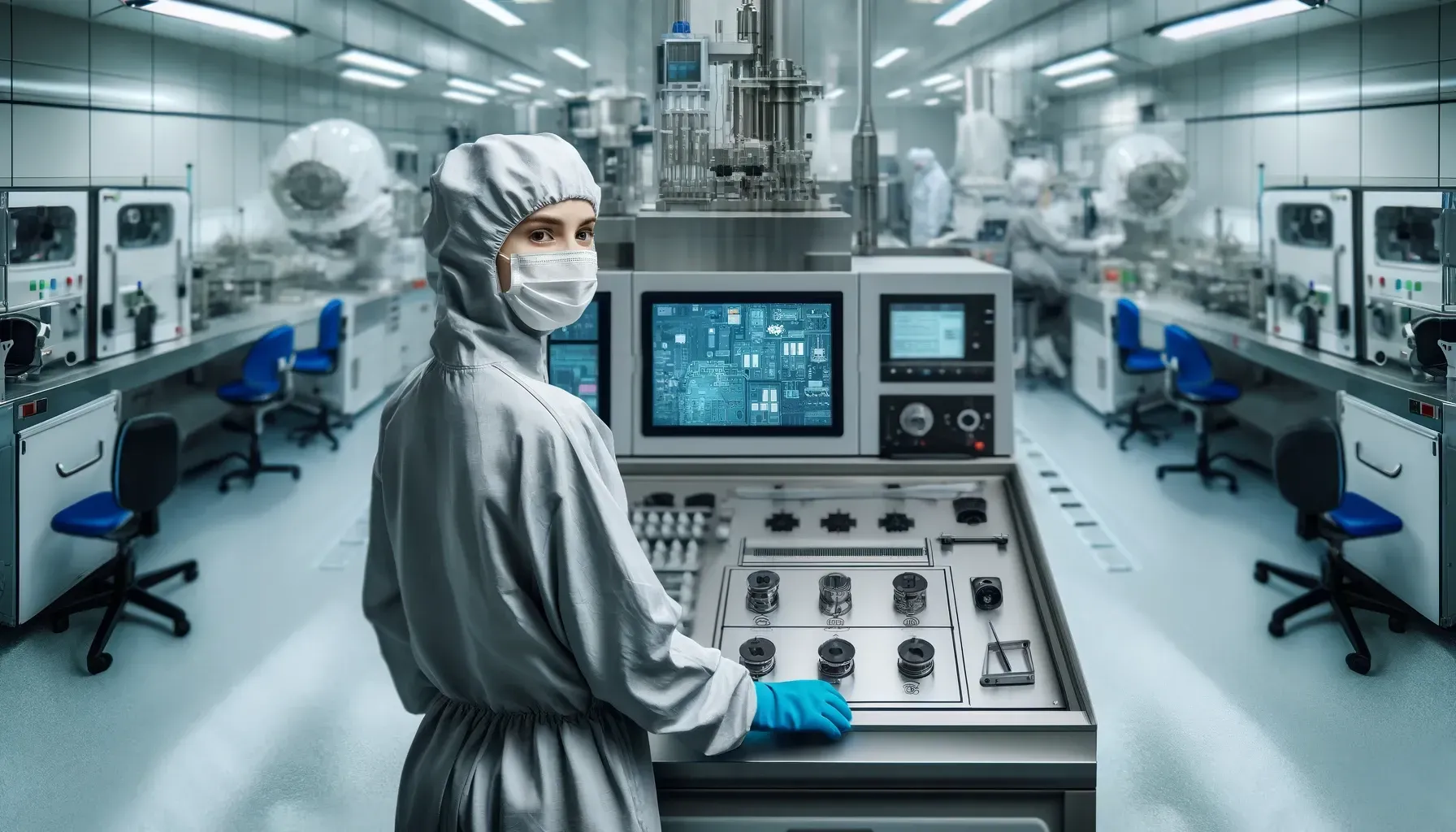 Person in cleanroom suit operates machinery in a lab with complex equipment and monitors.