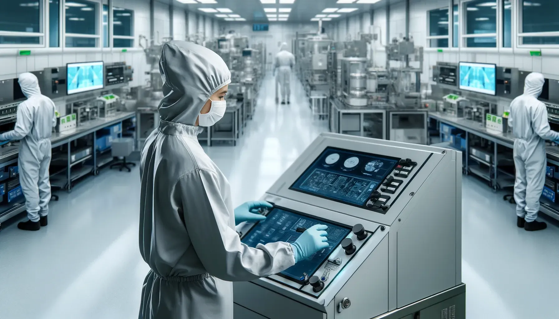 Person in a cleanroom suit operates machinery. Other suited individuals work in the background of a lab.