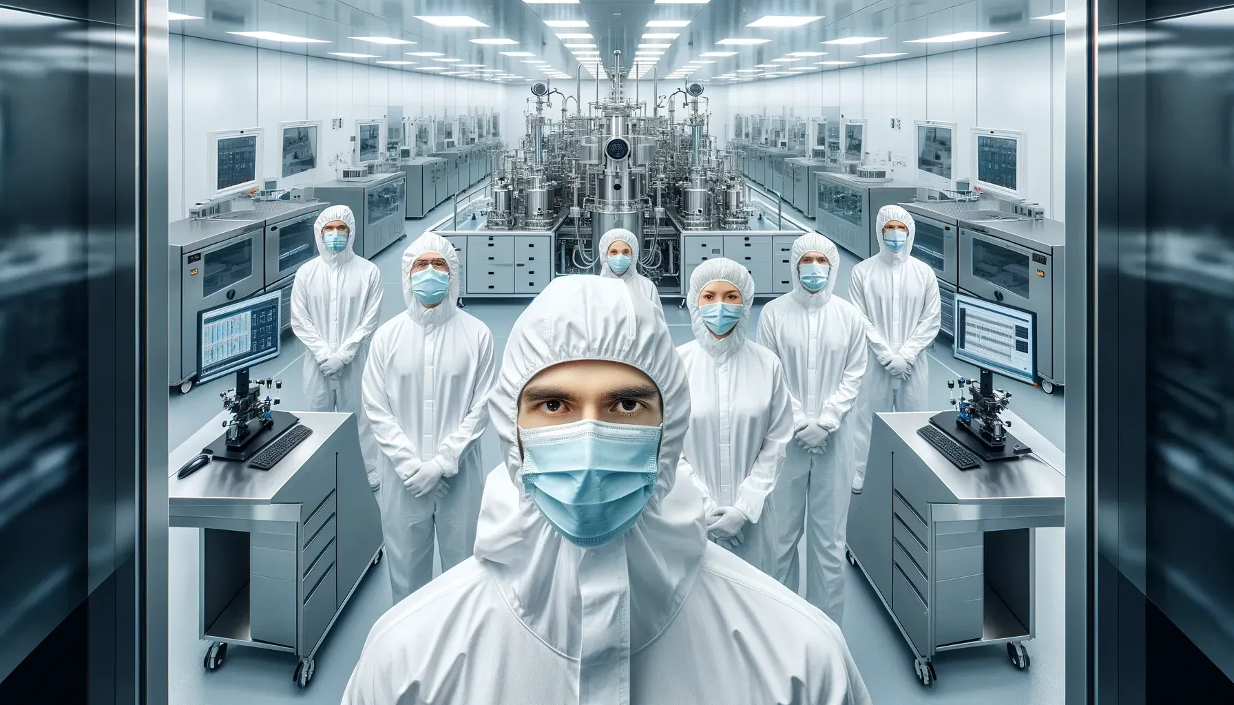 Group of people in clean suits with masks, standing in a sterile lab.