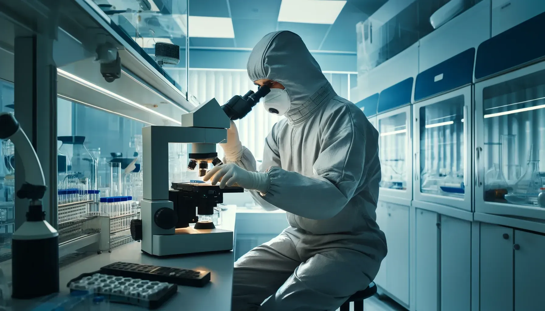 Scientist in protective suit looking through microscope in a sterile laboratory setting.