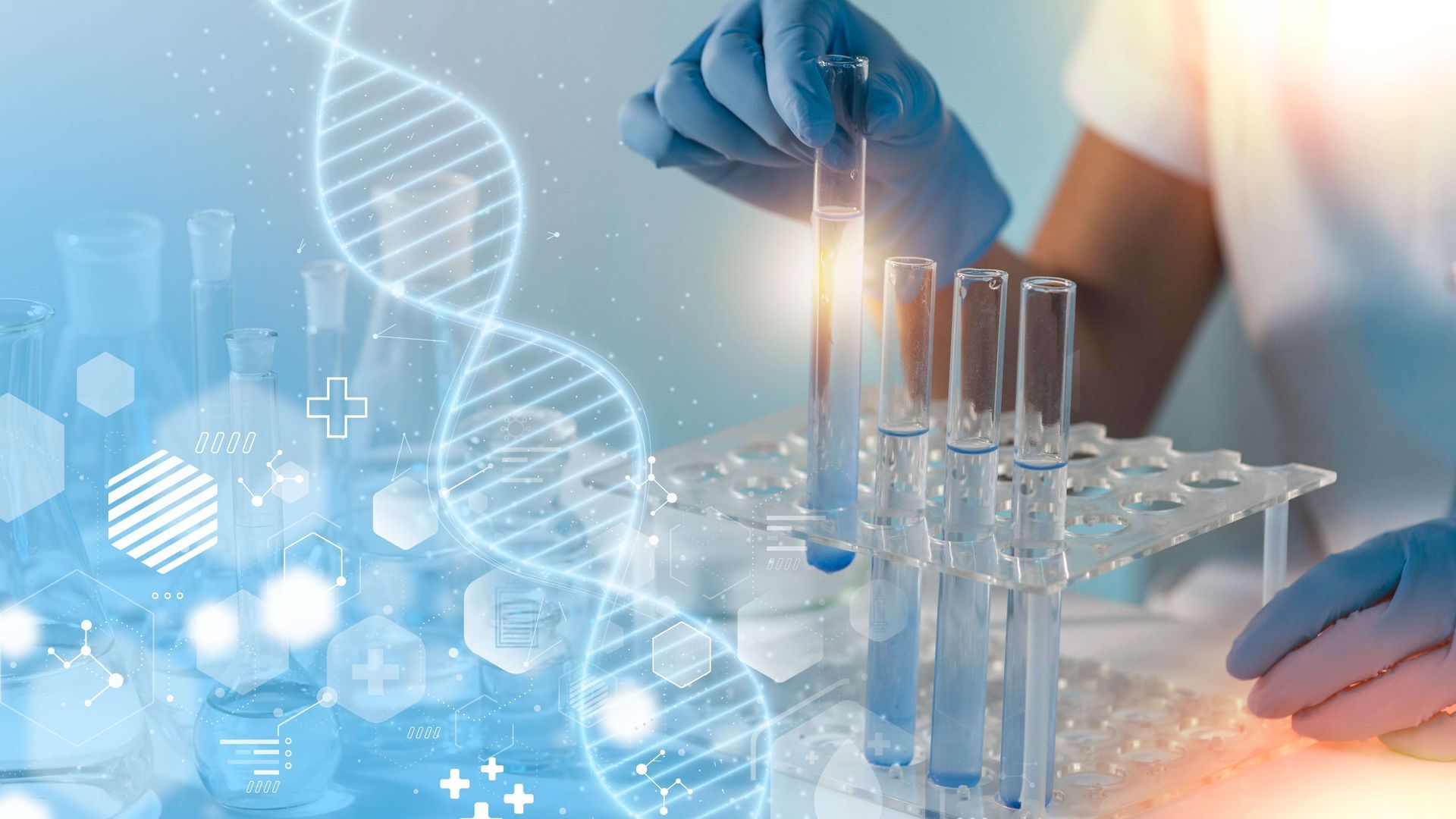 Scientist in blue gloves holding a test tube with DNA helix overlay and lab equipment.