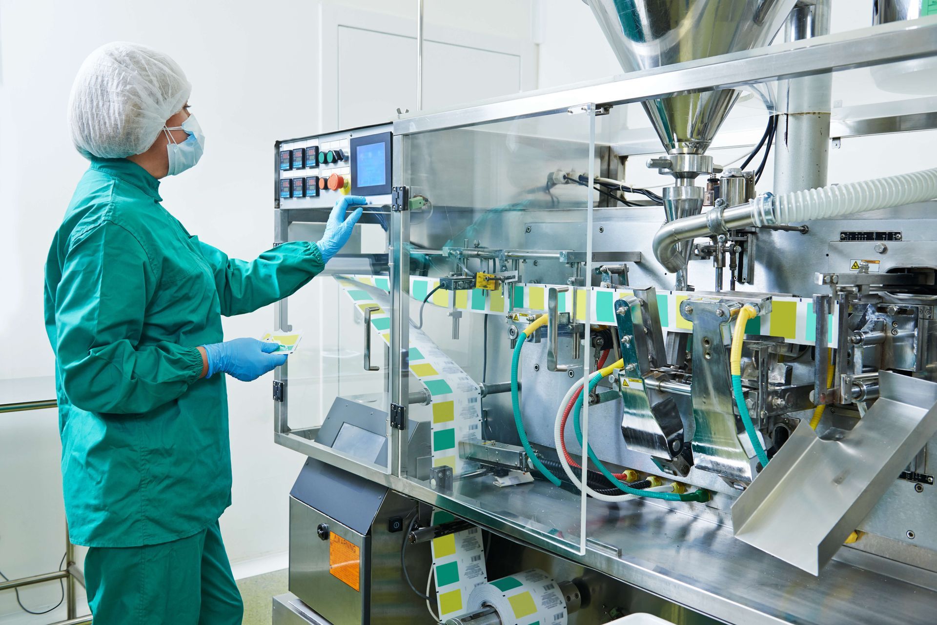 Person in sterile suit operating pharmaceutical packaging machine.