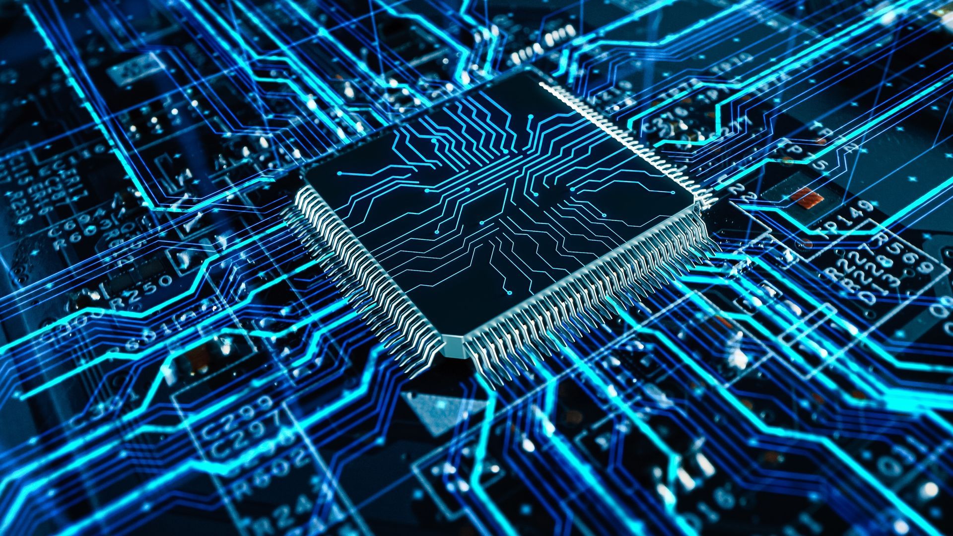 Close-up of a central processing unit (CPU) on a circuit board, glowing blue.