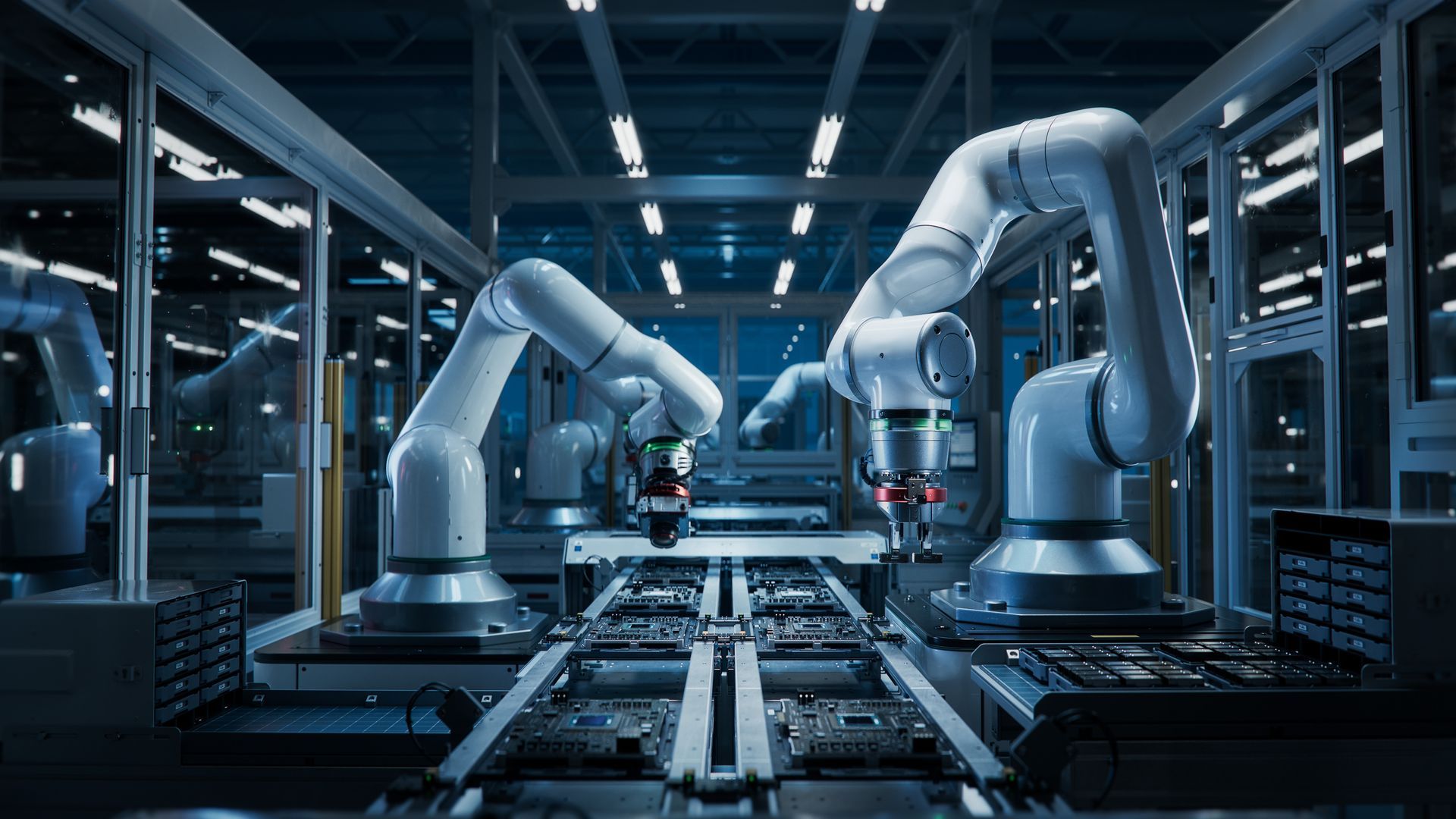 Robotic arms assembling circuit boards in a factory. Blue and gray tones, modern industrial setting.