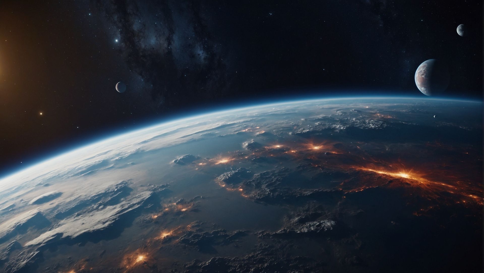 Earth from space with city lights, crescent moon, and stars.