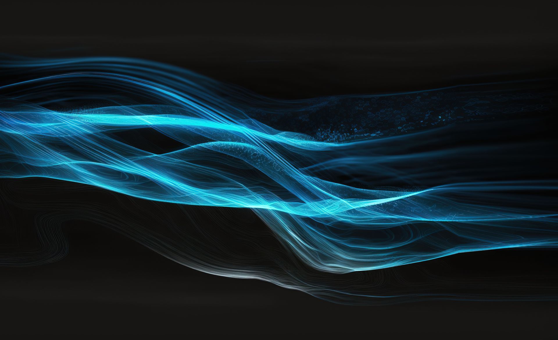 Abstract blue wavy lines on a black background, suggesting energy or movement.