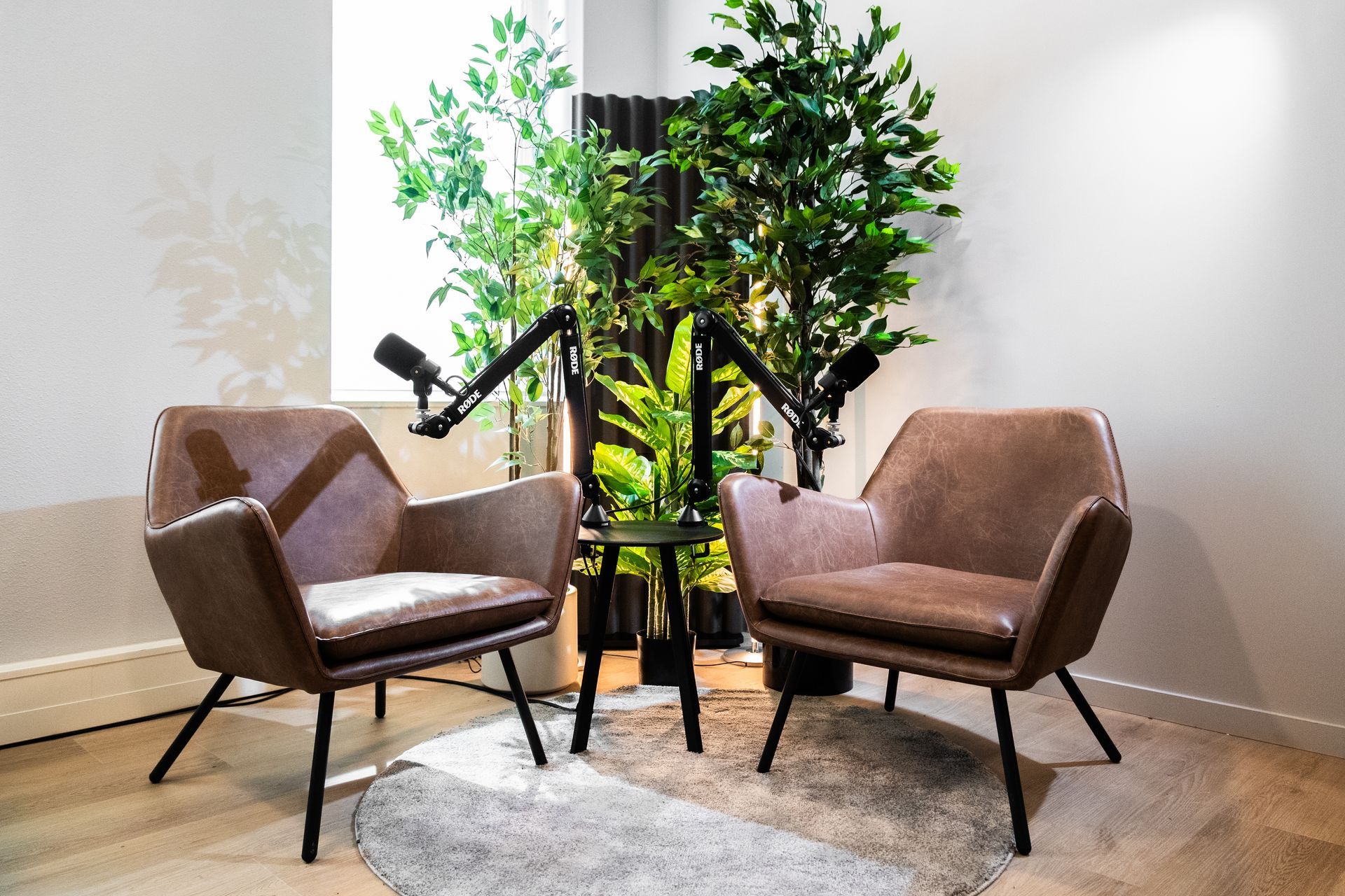 Twee bruine fauteuils staan tegenover elkaar, met microfoons ertussen, tegen een achtergrond van groene planten.