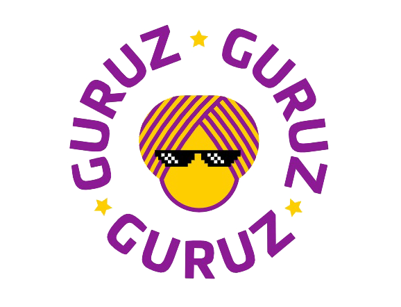 Logo: Geel gezicht met zonnebril en tulband; 'Guruz' in paars eromheen.