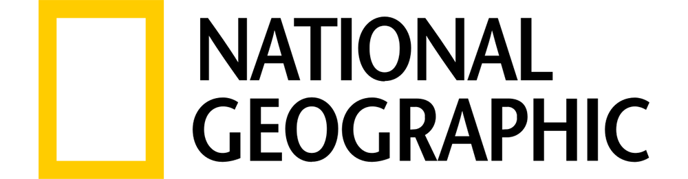 Logo van National Geographic met geel vierkant en zwarte tekst.