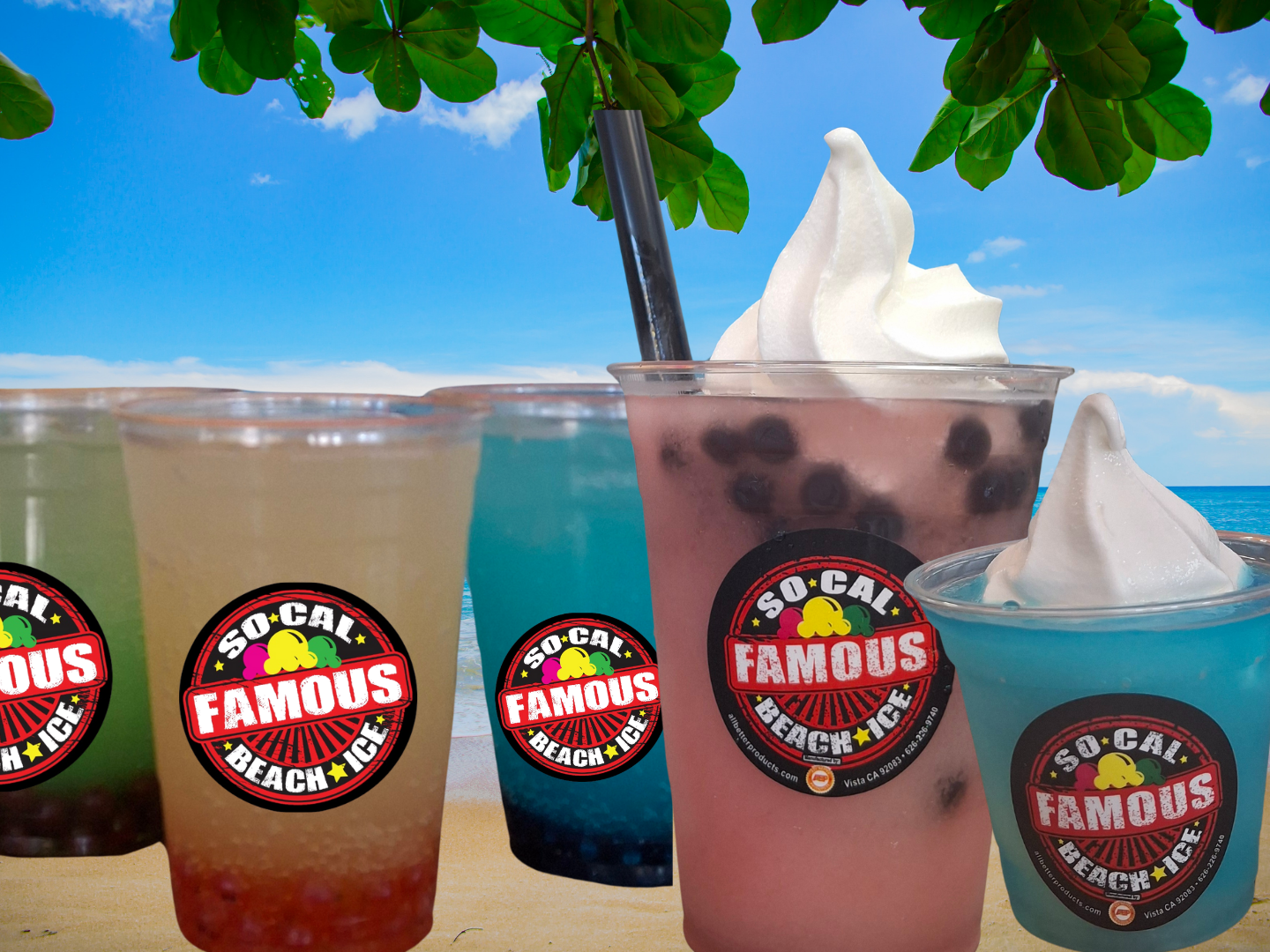 Five colorful tropical drinks with boba and soft-serve toppings, branded with 