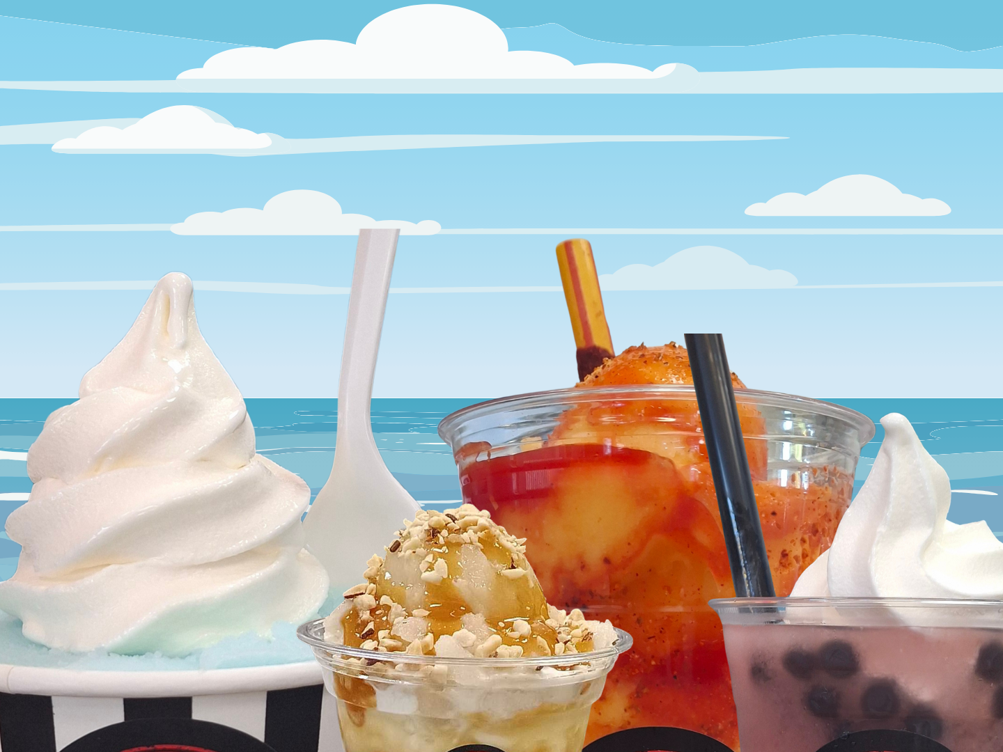 Several cups of frozen desserts with toppings against a backdrop of a beach and blue sky.