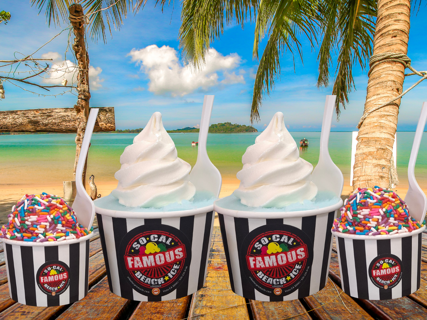 Four cups of soft-serve ice cream, two with sprinkles, on a wooden table overlooking a tropical beach.