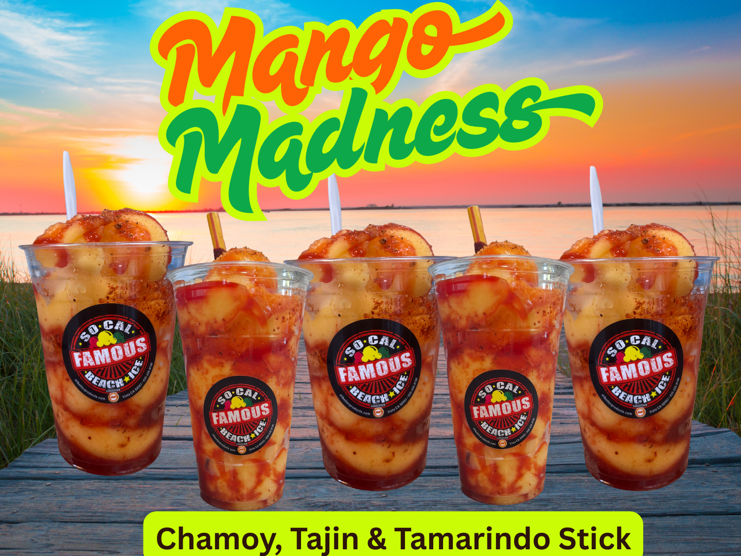 Five cups of Mango Madness drink with chamoy, Tajín, and a tamarind stick, set against a sunset beach background.