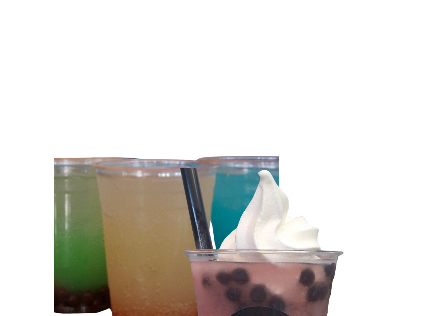 Four clear plastic cups of colorful, iced boba drinks, with one cup topped with a swirl of soft-serve ice cream.