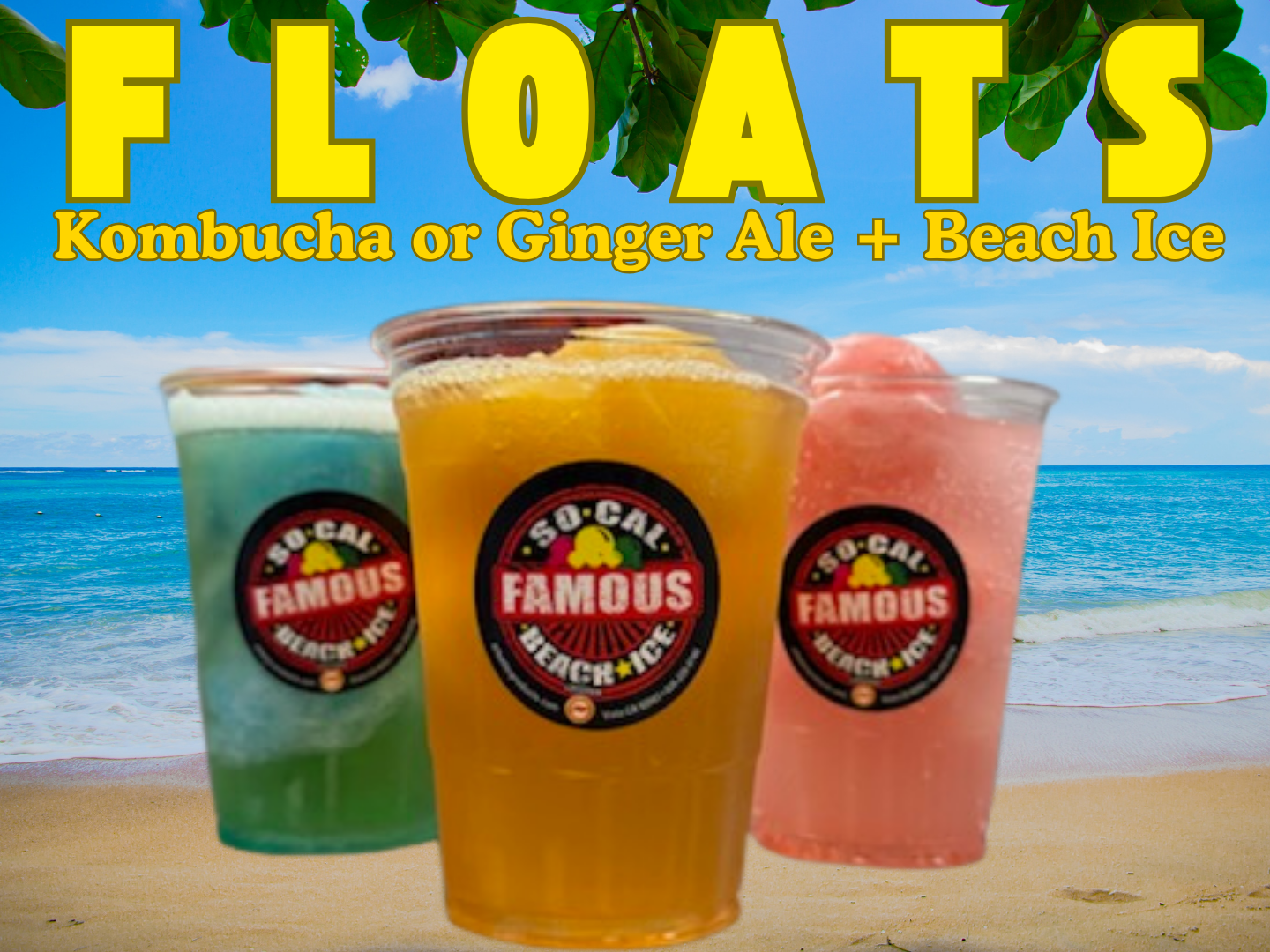 Three colorful So-Cal Famous Beach Ice floats with kombucha or ginger ale on a sunny beach background.