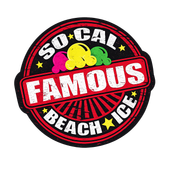 A circular logo for "So-Cal Famous Beach Ice" featuring stylized, colorful shaved ice icons on a black and red background.