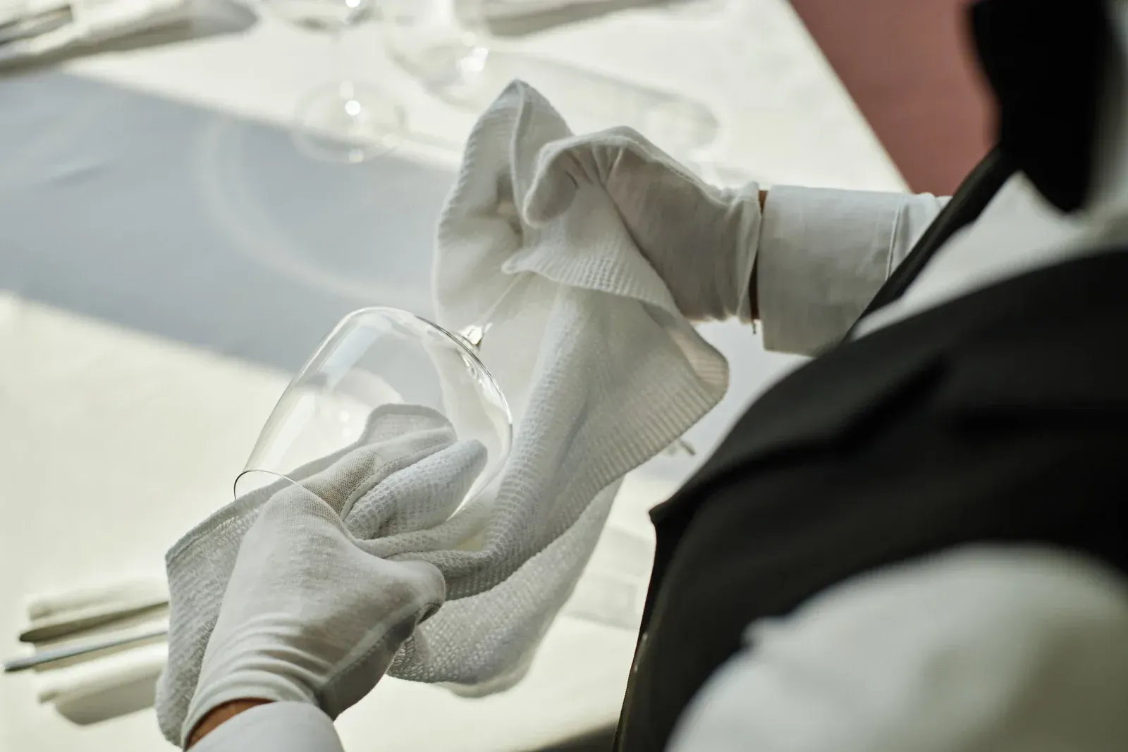 A person wearing white gloves polishes a glass wine glass with a white cloth over a set restaurant table.