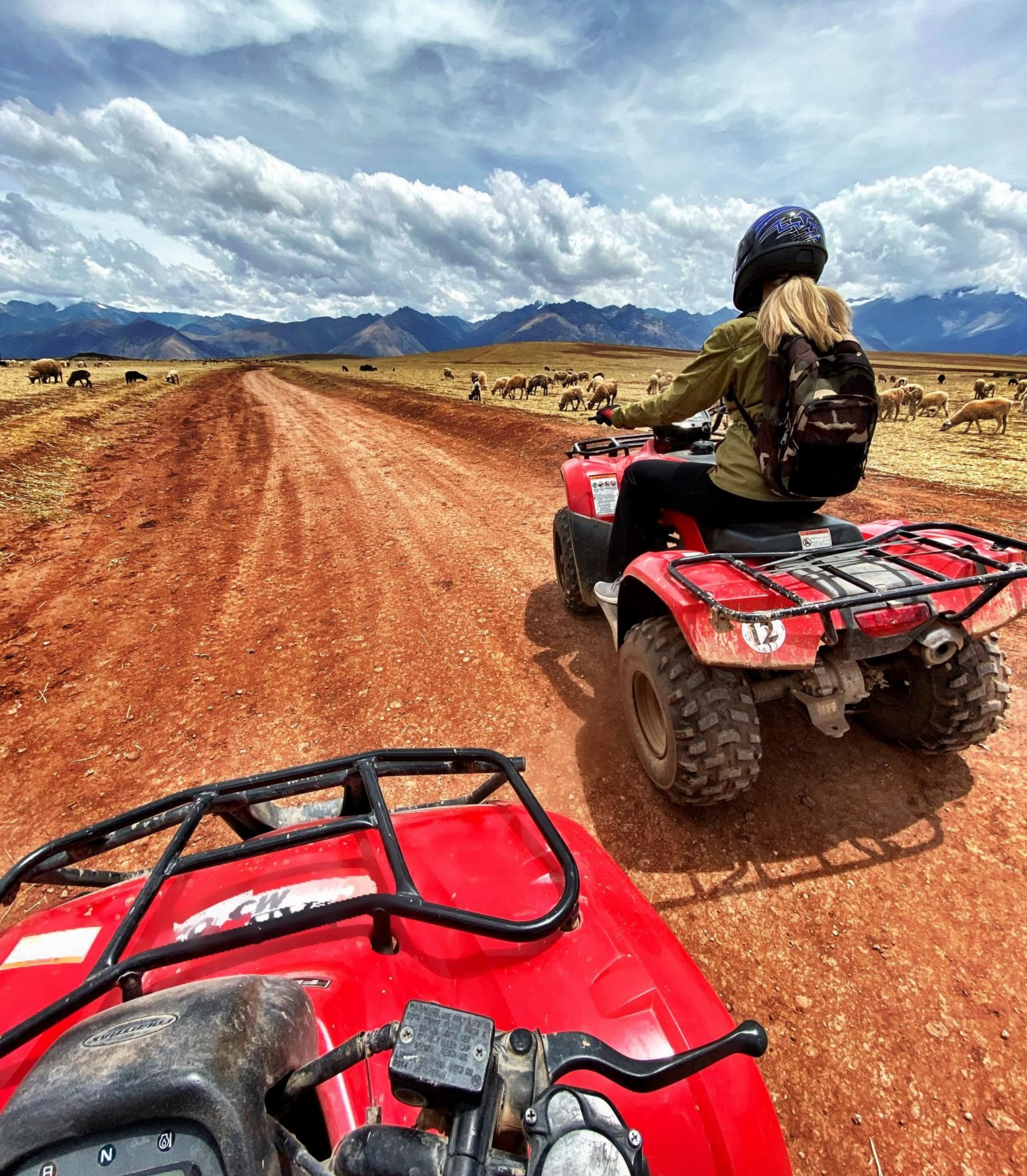 Two ATVs on a red dirt trail, one rider ahead under a cloudy sky near mountains.