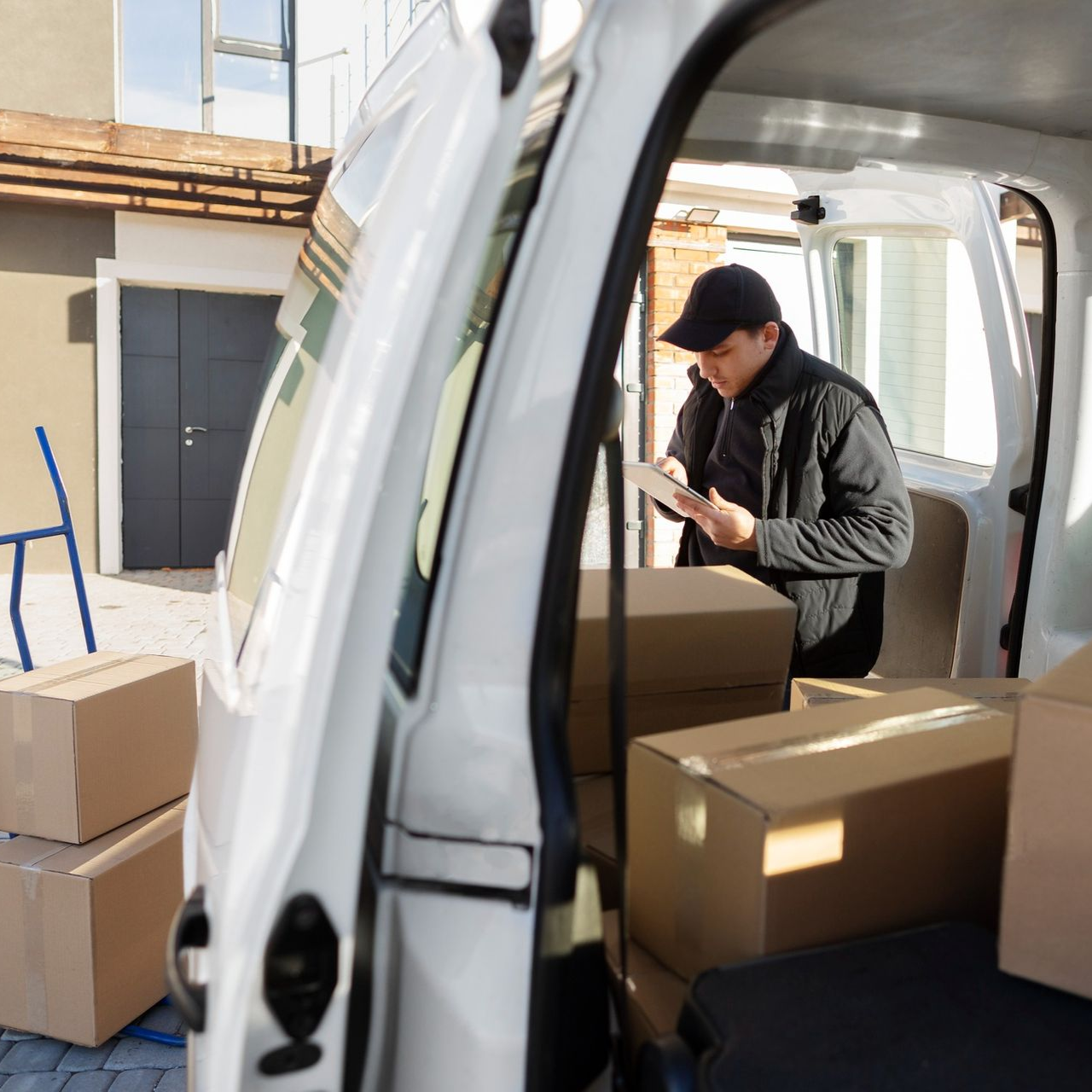 Person loading cardboard boxes into a white delivery van in a warehouse-like setting