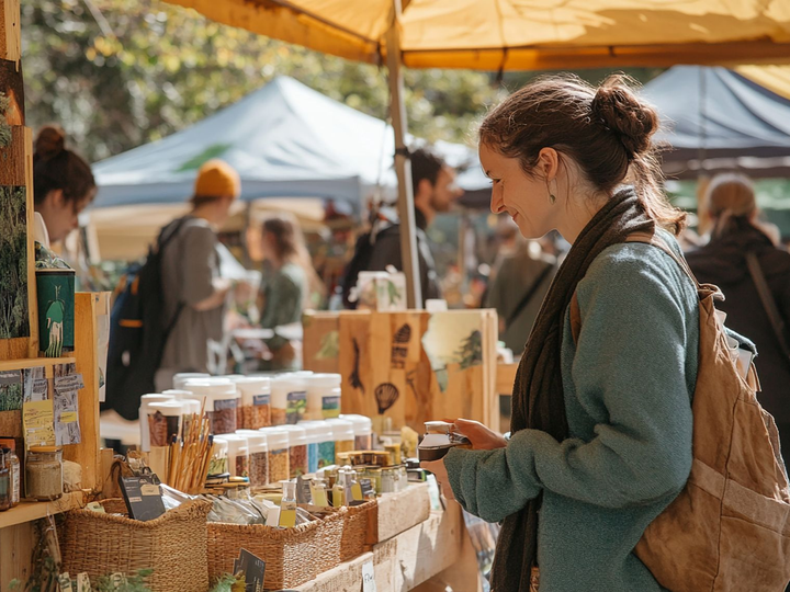 Woman browsing jars at an outdoor market stall under a green canopy