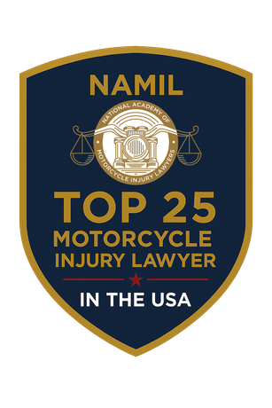 Shield badge: NAMIL Top 25 Motorcycle Injury Lawyer in the USA; blue, gold, scales, eagle.
