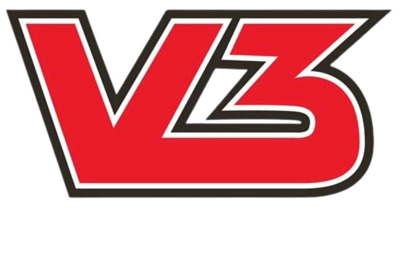 a red and black v3 logo on a white background