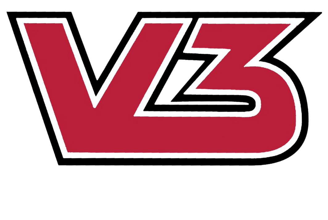 a red and black v3 logo on a white background .