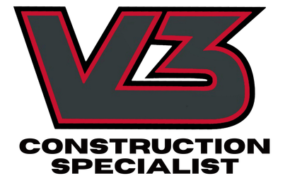 the logo for v3 construction specialist is black and red .