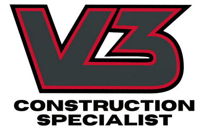 the logo for v3 construction specialist is black and red .