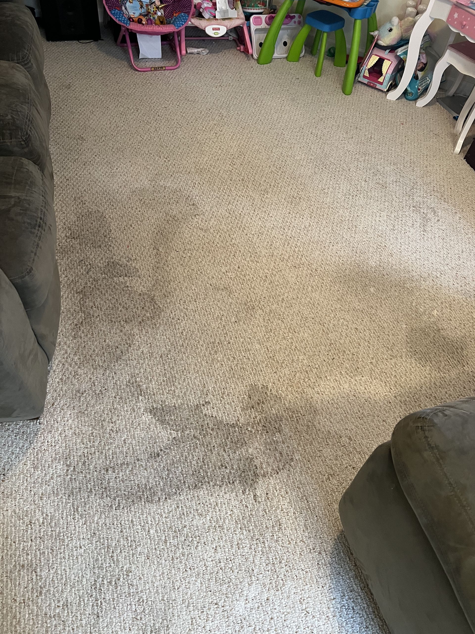 Beige carpet with dark patches, surrounded by furniture and toys.