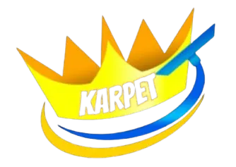 Logo of "Karpet" cleaning service with a crown and cleaning tool in yellow and blue.