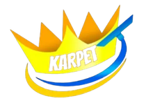 Logo of "Karpet" cleaning service with a crown and cleaning tool in yellow and blue.