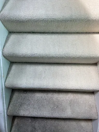 Carpeted staircase, light beige to dark gray from top to bottom, showing wear and tear.